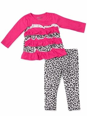 Swiggles 18M Toddler Girl Outfit Hot Pink Ruffle Top Leopard Leggings Set Cute